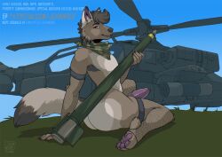 aircraft anthro armwear attack canid canine characters clothing fishnet_clothing flak fox general_(disambiguation) helicopter jeanwoof legwear male mammal missle solo species vehicle
