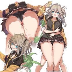1boy black_panties black_shirt blonde_hair blue_eyes blush bow bow_panties breasts brown_skirt cameltoe cardigan cellphone censored cleavage collared_shirt commentary_request cum cum_on_body cum_on_legs cute_fang ejaculation female genderswap_(ftm) green_hair green_nails green_shorts grey_hair highres holding holding_phone hug hug_from_behind jewelry kasukabe_tsumugi long_hair long_sleeves looking_at_another low_ponytail magatama magatama_necklace male medium_breasts messy_hair miniskirt mole mole_under_eye mosaic_censoring mutsutake nail_polish necklace necktie open_mouth paid_reward_available painted_nails panties pea_pod penis phone plaid_clothes plaid_skirt pleated_skirt ponytail rule_63 shirt shorts simple_background skirt smartphone smile straight thigh_sex tie underwear upskirt voiceroid voicevox white_background white_shirt yellow_cardigan zundamon