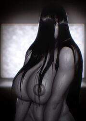 arms_squishing_breasts black_eyes black_hair breasts breasts_squeezed_together dark_room davcat female grey_body horror long_hair naked nipples nude_female television the_ring wet_skin yamamura_sadako