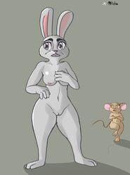 2girls anthro areolae breasts curvy disney erect_nipples female female_only fur judy_hopps mammal medium_breasts mouse multiple_girls nipples nude oddchurch purple_eyes pussy rodent simple_background surprised zootopia