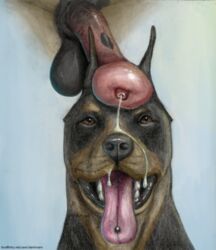 ambiguous_gender animal_genitalia animal_penis balls canine cum cum_on_face darkmare disembodied_penis doberman duo equine equine_penis feral flared_penis horsecock interspecies male mammal mixed_media open_mouth penis penis_on_head piercing pointy_ears tongue tongue_out tongue_piercing tongue_stud