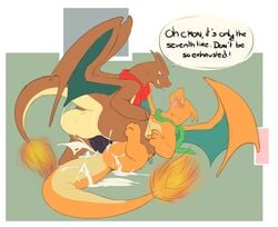 2boys alternate_color anal anal_sex anus ass big_ass brown_skin charizard claws cum cum_in_ass cum_inside dragon drooling fangs feet fire furry gay green_background huge_cock huge_testicles male male_only nintendo nude on_back open_mouth orange_skin original_character penis pokemon pokemon_(species) purple_eyes redras_shoru saliva scarf sex smile spread_legs tail tears testicles text thick_thighs tongue_out veins veiny_penis white_border wings yellow_eyes