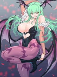 1girls bat_wings big_breasts breasts busty capcom cleavage clothing darkstalkers demon_wings demoness female female_only green_hair head_wings high_heels hourglass_figure large_breasts leotard long_hair looking_at_viewer morrigan_aensland solo succubus taka-michi voluptuous wings yellow_eyes