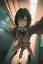 after_masturbation ai_generated balls black_hair blush bow bowlegged_pose bowtie brown_eyes cum cum_drip cum_on_floor devaster dickgirl erection from_above futanari huge_cock indoors intersex loafers looking_at_viewer peace_sign penis reaching_out restroom school_uniform schoolgirl schoolgirl_uniform selfie short_hair slender_legs smile solo solo_futa standing sunset sweater testicles thick_cum tile_floor veiny_penis wink yellowish_cum