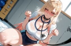 1girls ai_generated ball bangs barbell_piercing black_collar blonde_hair blue_buruma blurry_background blush breasts breath buruma choker cleavage closed_mouth clothing collar collarbone colored_tips curvaceous curvaceous_female curvaceous_figure curvy curvy_figure ear_piercing earrings female female_focus gradient_hair gym_shirt gym_storeroom gym_uniform heavy_breathing indoors jewelry kitagawa_marin large_breasts leash long_hair looking_at_viewer midriff miyuai multicolored_hair nail_polish navel paw_pose pet_play petplay piercing pink_eyes red_eyes see-through shirt short_sleeves smile solo sono_bisque_doll_wa_koi_wo_suru spread_legs squatting steaming_body sweat symbol-shaped_pupils thick_thighs thighs viewer_holding_leash voluptuous voluptuous_female wet wet_clothes white_shirt