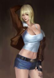 arm_behind_head bangs belt blonde_hair blue_eyes bomber_jacket breasts brown_background cleavage clothing crop_top denim denim_shorts fatal_fury female female_only female_terry fingerless_gloves fur_trim garou:_mark_of_the_wolves genderswap_(mtf) gloves gradient gradient_background hair_between_eyes hair_down hand_behind_head jacket king_of_fighters large_breasts long_hair phamoz rule_63 shorts sidelocks smile snk snk_heroines:_tag_team_frenzy solo terry_bogard
