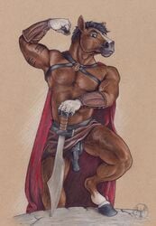 1boy animal_genitalia animal_penis anthro armor armpits athletic balls bracers cape clothed clothing equine equine_penis flaccid flexing harness hi_res hooves horse horsecock looking_at_viewer male male_only mammal medial_ring melee_weapon neverwolf nipples no_underwear pecs pencil_(artwork) penis pinup pose skirt solo standing step_pose sword tattoo topless traditional_media_(artwork) warrior weapon