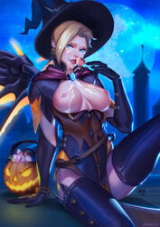 1girls alternate_costume arm_support blonde_hair blue_eyes bracelet breasts breasts_out candy cum cum_on_body cum_on_breasts cum_on_upper_body evasolo facial female female_only gloves halloween hat highres jack-o'-lantern jewelry lollipop looking_at_viewer mechanical_wings mercy moon night night_sky nipples overwatch parted_lips sitting sky smile solo star_(sky) starry_sky thighhighs wings witch witch_hat witch_mercy