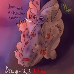 anthro balls big_ears bite_mark black_sclera blood bodily_fluids bruised bruised_eye cum cum_on_self femboy feral fluffy generation_4_pokemon genital_fluids genitals hi_res humanoid hurricane_weaver kinktober kinktober_2025 lagomorph leporid looking_away lopunny lying male mammal masochism nintendo on_back penis pink_eyes pokemon pokemon_(species) pokemon_mystery_dungeon rabbit small_penis smile solo solo_focus spike_chunsoft wide_hips