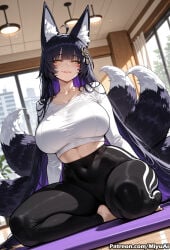 1girl ai_assisted ai_generated alternate_costume animal_ears azur_lane bangs barefoot black_hair black_pants blunt_bangs blush breasts closed_mouth collarbone curvaceous curvy curvy_female curvy_figure eyebrows_visible_through_hair female fox_ears fox_girl fox_tail hair_ornament indoors large_breasts long_hair looking_at_viewer midriff miyuai musashi_(azur_lane) navel on_floor pants shirt sitting smile solo tail thick thick_ass thick_butt thick_hips thick_legs thick_thighs tongue very_long_hair voluptuous voluptuous_female white_shirt wide_hips wide_thighs yellow_eyes