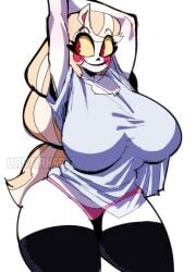 artiah669 breasts charlie_morningstar_(hazbin_hotel) female fleshpie669 hazbin_hotel huge_boobs large_shirt massive_breasts stretching tagme vivienne_medrano vivziepop wide_hips
