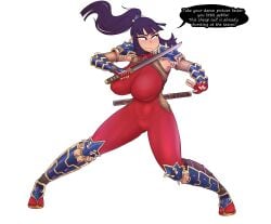 1girls armor asian asian_female big_breasts blade bodysuit breasts child_bearing_hips clothing color command_grab commission cosplay covered_navel curvy diklonius english_text female female_only hi_res hourglass_figure huge_breasts katana kunoichi large_breasts long_hair namco ninja nuclearwasabi oc original_character ponytail purple_hair soul_calibur sword taki taki_(cosplay) text text_bubble thick_thighs voluptuous weapon wide_hips