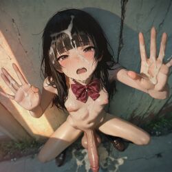 after_masturbation against_wall ai_generated balls big_balls big_penis black_hair blunt_bangs blush bowtie breasts brown_eyes caught caught_in_the_act concrete_wall crying cum cum_on_body cum_on_face cum_on_floor cum_on_hair cum_on_hands devaster dickgirl embarrassed embarrassed_nude_futa excessive_cum female from_above full_body futanari gesture gesturing_at_viewer half-closed_eyes hands highres intersex legs_spread loafers long_hair looking_at_viewer looking_up_at_viewer messy_hair nervous_sweat nipples open_mouth outdoors penis schoolgirl skinny_female skinny_futa small_breasts solo_futa squatting sunset talking_to_viewer teenage_futa testicles thick_cum veiny_penis wall