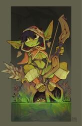 big_ears black_hair bow breasts ear_piercing earrings female foresttherotten goblin green_skin hood panties sitting skull solo solo_female solo_focus swamp underboob underwear