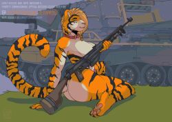 1 anthro anti-tank barrel clothing felid female gloves gun handwear highs jeanwoof leopard male mammal nude pantherine ranged ranged_weapon rifle scope solo stripes tank_(disambiguation) vehicle weapon
