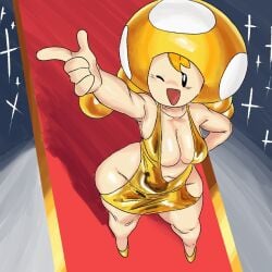 1girls 2026 2d breasts chubby chubby_female cleavage dress dumbwitchyy female female_only footwear gold_dress gold_hair hair light-skinned_female light_skin mario_(series) nintendo one_eye_closed shoes solo toadette