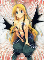 absurdres ahoge asia_argento black_wings blonde_hair blue_ribbon breasts cleavage collarbone female green_eyes high_school_dxd large_breasts long_hair looking_at_viewer miyama-zero navel nipples no_bra open_mouth ribbon solo topless wings