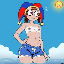ambiguous_gender androgynous bikini_tan bikini_tanline blue_background blue_eyes blush breasts brown_hair casual clothing cloud clouds clown clown_girl collarbone female flat_chest flat_chested flat_colors gender_confusion ghostec glitch_productions gooseworx grey_nipples human humor jester jester_cap jester_girl jester_hat looking_away male male_swimwear_challenge meme mens_swimsuit_challenge multicolored_eyes navel nonsexual nonsexual_nudity pale_skin pomni pomni_(beach_outfit) pomni_(tadc) pomni_(the_amazing_digital_circus) red_eyes rick_and_morty short_hair shy signature sky_background small_breasts small_nipples standing standing_in_water straight-cut_bangs submissive_and_breedable sun sun_(the_amazing_digital_circus) swimming_trunks swimsuit swimwear tadc tan tan_body tan_skin tanline tanned_skin the_amazing_digital_circus topless water white_skin