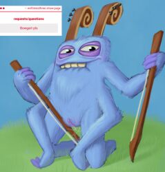 1girls 3_fingers 4_arms biting_lip black_eyes blue_fur blush bow bowgart evilevilevil female female_focus female_only full_body grass holding_object horns looking_at_viewer monster multi_arm multi_limb my_singing_monsters on_knees purple_pussy purple_skin pussy request self_upload smile smiling smiling_at_viewer solo solo_female solo_focus strawpage_request wet wet_pussy