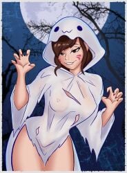 costume d.va female ghost ghost_girl halloween halloween_costume looking_at_viewer moon overwatch overwatch_2 tree trees