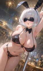 ai_generated blindfold blush breasts bunny_ears female huge_breasts lingerie navel nier nier:_automata nier_(series) open_mouth slombert stripper_pole thighs white_hair yorha_2b