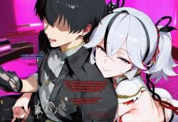 ai_generated ass bent_over breasts breasts_pressed_against_another breasts_pressed_against_partner camellya_(wuthering_waves) chisa_(wuthering_waves) clothed consensual_cuckold cottonmilk cuck cuckold dialogue dominant_female faceless_male holding_phone hugging hugging_from_behind looking_at_viewer male_rover_(wuthering_waves) masturbating masturbating_other masturbating_while_watching masturbation nervous_expression nervous_sweat netorase onomatopoeia precum precum_drip precum_string rover_(wuthering_waves) small_penis small_penis_adoration smug surprised surprised_expression teasing three-finger_handjob uncensored watching_sex wuthering_waves