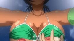 1boy animated armband bikini bikini_tan bikini_top binkan_athlete black_hair bouncing_breasts breast_grab breasts dark_skin female large_breasts miwa_asaka nipples tan