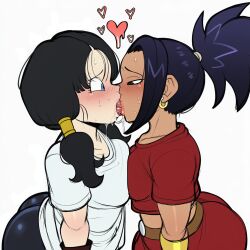 2girls ai_generated big_ass black_eyes blue_eyes breasts breasts_size_difference breasts_to_breasts dark-skinned_female dragon_ball dragon_ball_super dragon_ball_z earrings female female_only french_kiss heart_symbol high_resolution kale kissing light-skinned_female medium_breasts saiyan saiyan_female saliva_string simple_background small_breasts sweat twintails videl white_background yuri