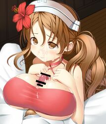 1boy admiral_(kantai_collection) asamura_hiori bar_censor bikini breast_squeeze breasts brown_eyes brown_hair censored cum cum_on_body cum_on_breasts cum_on_clothes cum_on_upper_body facial female flower hair_flower hair_ornament halterneck hat hibiscus indoors kantai_collection large_breasts littorio_(kantai_collection) long_hair no_pupils paizuri paizuri_under_clothes penis ponytail side_ponytail smile solo_focus straight sweat swimsuit tied_hair wavy_hair