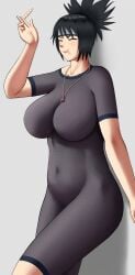 black_hair breasts closed_eyes dango female fishnets happy large_breasts mitarashi_anko naruto_(series) navel smiling tied_hair