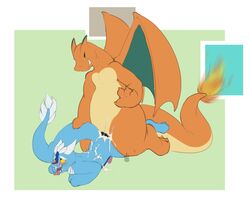 2boys ahe_gao all_fours anal ass belly black_eyes black_sclera blue_skin blush charizard claws cum cum_in_ass cum_inside cum_on_back cum_on_face cum_while_penetrated dragon facial fangs feet fire from_behind gay green_background interspecies kneeling male male_only nintendo no_nipples nude open_mouth original_character penis pokemon pokemon_(species) redras_shoru rolling_eyes scalie sex size_difference smile tail tail_grab tears testicles thick_thighs tongue_out white_border wide_hips wings yellow_eyes yellow_sclera