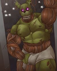 abs animatronic anthony_milko anthro bulge bulge_grab burntrap clothing exposed_muscle eye_scar facial_scar five_nights_at_freddy's five_nights_at_freddy's_3 fur hi_res lagomorph leporid machine male mammal muscles muscular muscular_male nipples pecs purple_eyes rabbit robot scar scottgames solo springtrap_(fnaf) undead underwear wounded yellow_body yellow_fur