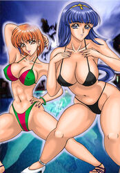 2girls abs bikini blue_eyes blue_hair breasts high_heels koutenki-en large_breasts mel_(tear_ring_saga) muscular nipple_bulge orange_eyes orange_hair sharon_(tear_ring_saga) silegy tear_ring_saga tear_ring_saga:_utna_heroes_saga tiara