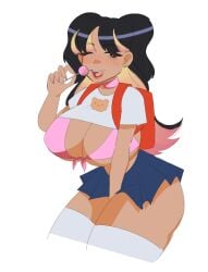 1girl artist_insert backpack big_breasts bikini_top huge_breasts lollipop long_hair pigtails revealing_clothes schoolgirl self_insert self_upload skirt tan_body thick_thighs thighhighs wide_hips