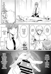 1boy 1girls 2d business_suit cfnm chainsaw_man chicke_iii clothed_female_nude_male comic denji_(chainsaw_man) dominant_female english_text femdom handjob makima_(chainsaw_man) office_lady submissive_male suit text