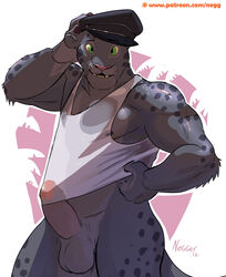 1boy athletic balls bottomless clothed clothing disney erection erection_under_clothes feline headgear humanoid_penis looking_at_viewer male male_only mammal negger nipples panther patreon pecs penis pinup pose renato_manchas shirt signature solo tank_top url wet_shirt zootopia