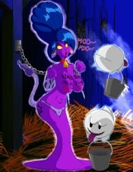 1girls ambiguous ambiguous_gender beehive_hairdo bell blue_hair boo_(mario) breasts bucket chains clothing collar cow_bell cow_ears cow_print cow_tail female floating ghost ghost_girl hellen_gravely holding_bucket humanoid humanoid_female indoors long_hair long_tongue luigi's_mansion luigi's_mansion_3 mario_(series) mature mature_female milk milk_squirt nintendo nipples open_mouth panties purple_body standing tail tongue tongue_out white_body wildswingding writing writing_on_breasts yellow_eyes