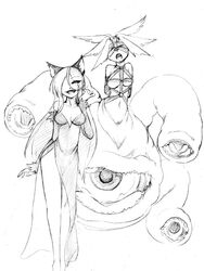 2girls animal_ears bondage camel_(dansen) female long_hair monochrome monster_girl multiple_girls neko_majo open_mouth original pussy