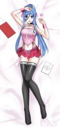 aegis_(nerocc) aoki_hagane_no_arpeggio arm_up belt black_legwear blue_eyes blue_hair blush breasts choker cleavage clothing condom condom_wrapper cum cum_on_clothes dakimakura dakimakura_design female long_hair lying midriff miniskirt mole mole_under_mouth navel on_back skirt smile solo stockings takao_(aoki_hagane_no_arpeggio) thighhighs thighs used_condom