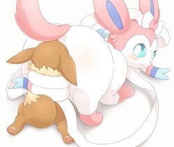 2016 3sthrees ambiguous_gender ass blue_eyes blush bound brown_fur canine domination eevee eeveelution eyelashes feet feral forced furry girly holding interspecies looking_back mammal nintendo oral paws pink_fur pokemon simple_background smile sylveon tail video_games white_background white_fur