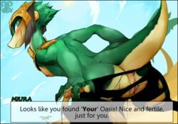 anthro anus blush breasts clothing dialogue english_text ever_oasis female goat-head_(artist) green_eyes lizard looking_back miura nintendo nipples pussy reptile scalie smile solo text torn_clothing undressing video_games