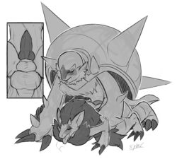 2boys anal anal_sex balls blush chesnaught claws close-up fur furry gay knot male male_only monochrome nintendo panting penetration penis pokemon pokemon_(species) sex shell spikes syber_(artist) testicles text video_games zoroark
