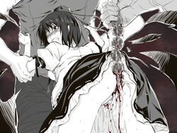 1girls 2boys anal_beads anal_beads_pull anal_bleeding ass blood blush breasts breasts_out clenched_teeth cum cum_in_pussy defeat exposed_breasts female large_insertion monochrome multiple_boys nipples pain pussy rape restrained shameimaru_aya skirt skirt_lift spot_color tears tokin_hat torture touhou wince