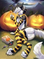 2016 4_toes absurd_res anthro anus arm_support arm_warmers ass backsack balls black_fur candy claws clothing collar detailed_background digitigrade food fruit fur girly halloween hi_res hindpaw holding_object holidays jack_o'_lantern leg_warmers legwear lollipop looking_at_viewer lying male mammal moon mostly_nude multicolored_fur nature night on_side outside paws perineum pumpkin sergal sky socks solo striped striped_armwear striped_legwear stripes thigh_highs toe_claws toeless_socks toes two_tone_fur white_fur yellow_eyes zazush-una