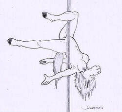 2016 anthro armpits breasts dancing equine female half-closed_eyes hanging_breasts horse mammal monochrome navel nipples pole pole_dancing pussy rabbi-tom red_shetland simple_background solo upside-down white_background