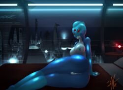 2016 3_eyes alcohol alien amphibian anthro areola ass bed beverage big_breasts blue_skin breasts city detailed_background female fin fish helium2 hi_res hylotl looking_at_viewer marine multi_eye nipples nude pussy red_eyes scalie smile solo starbound video_games water webbed_feet webbed_hands wine