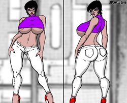 1girls back_view big_ass big_breasts black_hair blue_eyes breasts clothed commission dat_ass donna_natrix female front_view glasses high_heels huge_breasts jeans lipstick looking_at_viewer makeup nipples presenting presenting_hindquarters randomredux solo thick_thighs tight_pants tight_shirt time_tramp white_pants