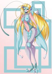 1girls antennae blonde_hair blue_eyes blue_nipples blue_skin breasts claws eyelashes feet flower flower_ornament insect_girl lipstick long_eyelashes long_hair looking_at_viewer monster_girl navel nipple simple_background suddenhack vanity_viridis