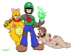 4:3 absurd_res anthro armor bracelet breasts collar doomington female fireball group hair_ribbon hairbow hi_res human jewelry koopa koopaling luigi male mammal mario_(series) necklace nintendo nipples princess_daisy pussy ribbons robinebra scalie simple_background video_games wendy_o._koopa white_background wide_hips