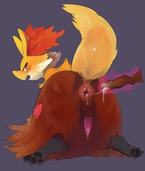 1boy all_fours anus ass blush canine cum cum_in_ass cum_leaking cum_string delphox digitigrade dripping femboy fox frown furry improvised_dildo improvised_sex_toy leaking liteu looking_back male male_only mammal masturbation nintendo pawpads penis perineum pokemon pokemon_(species) precum puffy_anus raised_tail semi-anthro solo tapering_penis testicles video_games